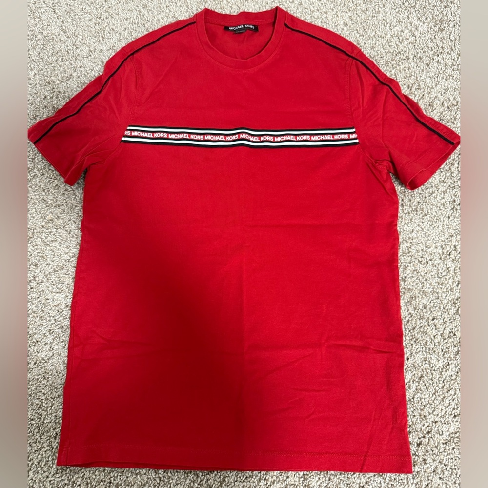 Michael Kors Red Short Sleeve Tee with Stripe Detail